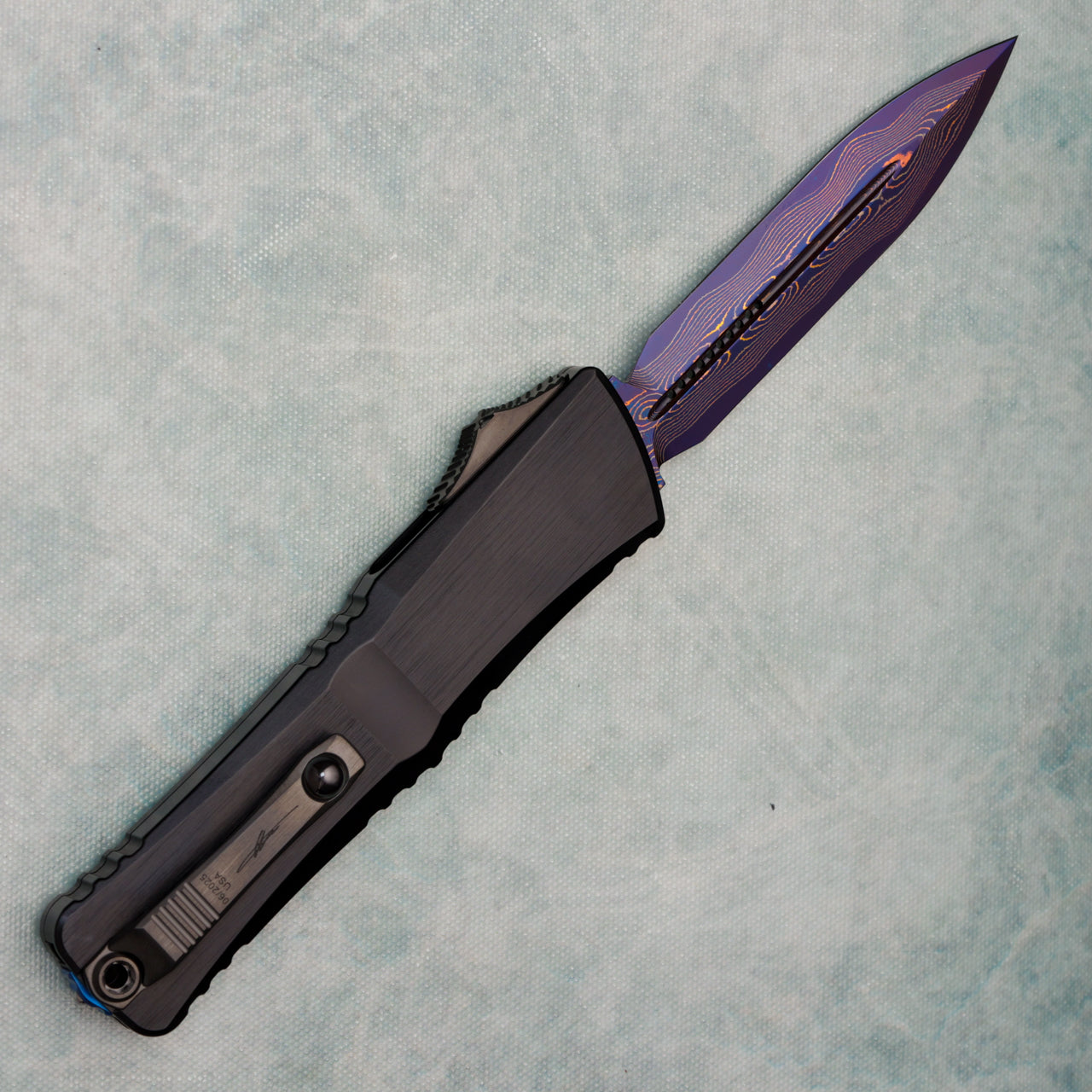 Microtech Marfione Select Combat Troodon LT Gen III D/E Hefted Alloy Blued Baker Forge Coppermai Damascus Blue Accent 1142-16MS1