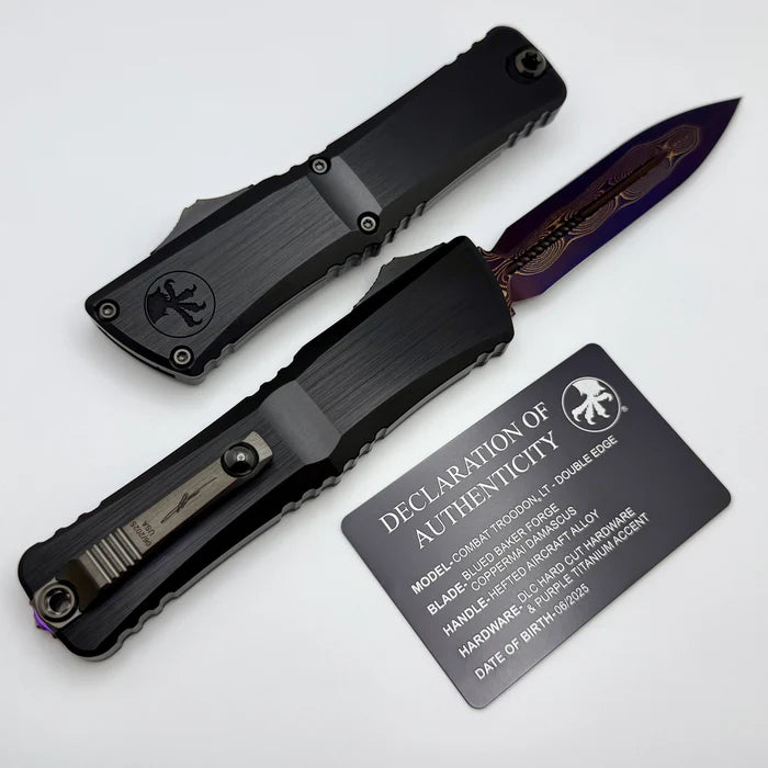 Microtech Marfione Select Combat Troodon LT Gen III D/E Hefted Alloy Blued Baker Forge Coppermai Damascus Purple Haze Accent 1142-16MS3