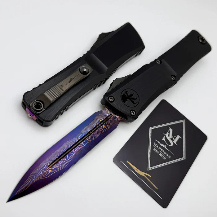 Microtech Marfione Select Combat Troodon LT Gen III D/E Hefted Alloy Blued Baker Forge Coppermai Damascus Purple Haze Accent 1142-16MS3