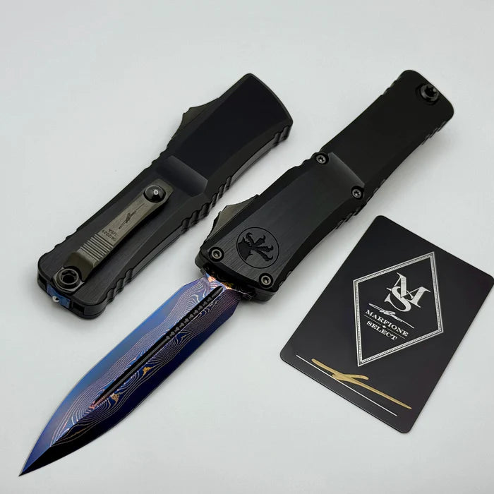 Microtech Marfione Select Combat Troodon LT Gen III D/E Hefted Alloy Blued Baker Forge Coppermai Damascus Blue Accent 1142-16MS1