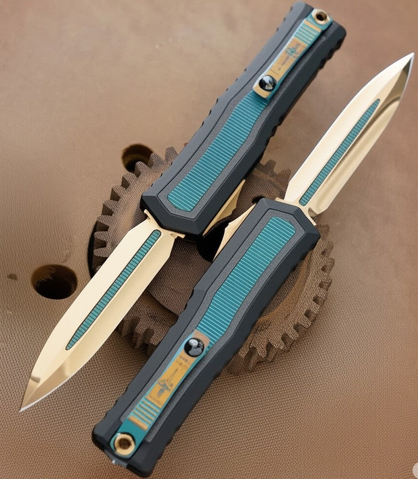 Microtech MARFIONE CUSTOM ATREUS DOUBLE EDGE PVD BRONZE CRACKED ICE W/ANTIQUE GREEN TITANIUM INLAY MIL-SPEC ALLOY W/CARBON FIBER & ANTIQUE GREEN TITANIUM INLAY PVD BRONZE HARD CUT HARDWARE Product Code : 1290-CIPVDBZAGCF-MCK