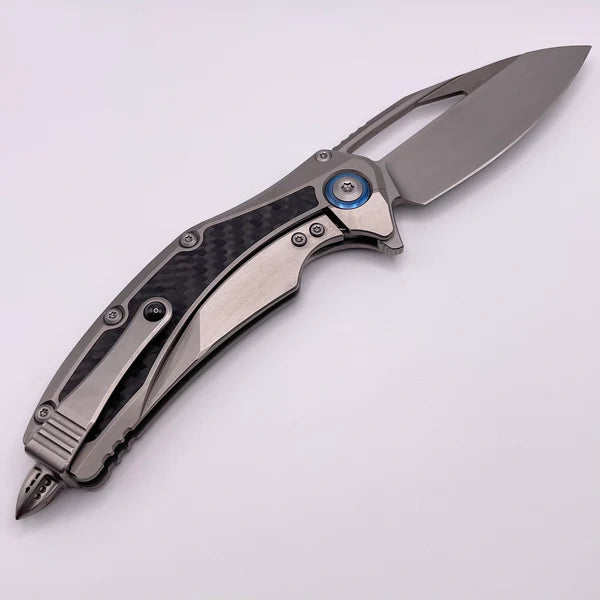 Microtech Matrix Titanium w/ Carbon Fiber Inlays & Blue Ti Pivot Collars w/ Hand Satin M390 165C-4CFITI