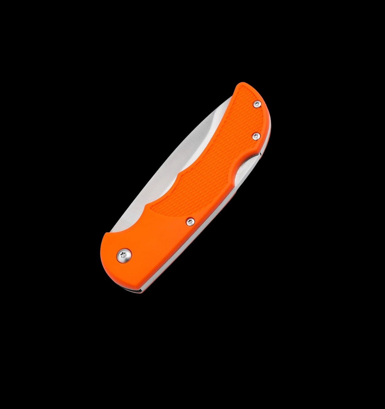 An orange folding pocket knife with a textured handle and a silver blade, shown open against a solid black background.