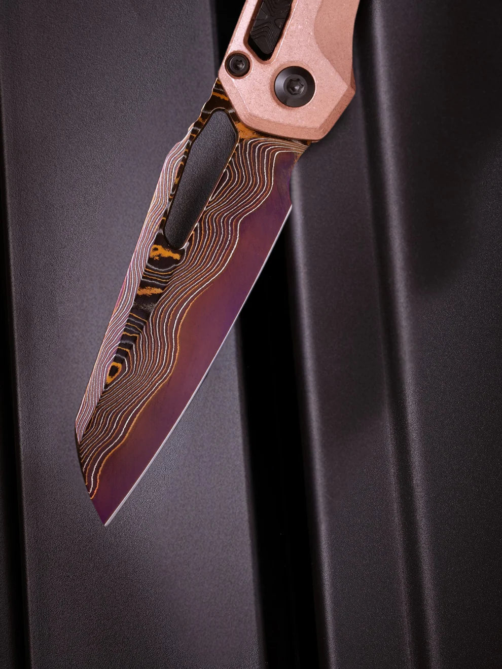 MSI® RAM LOK Marfione select Blued Backer Forge Coppermai Damascus Stonewash Frag Pattern Copper w/ Purple Titanium Accent DLC Double Vapor Blast Stainless