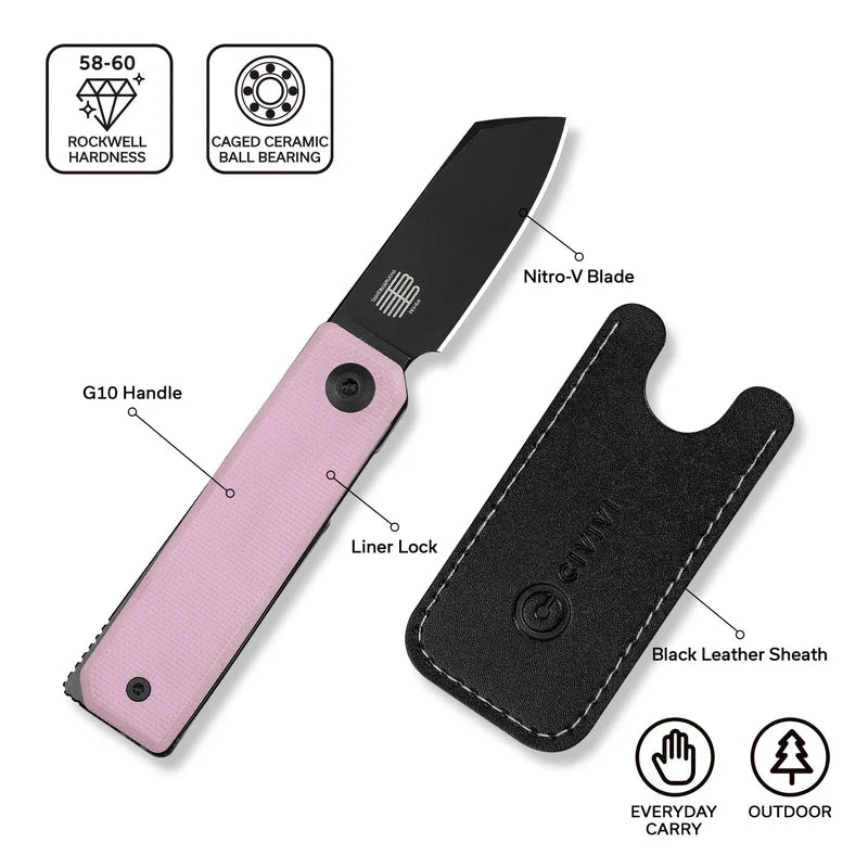 CIVIVI Kukei Front Flipper Knife Powder Pink G10 Handle (2.02" Black Stonewashed Nitro-V Blade) C25036-1, With 1PC Black Leather Sheath