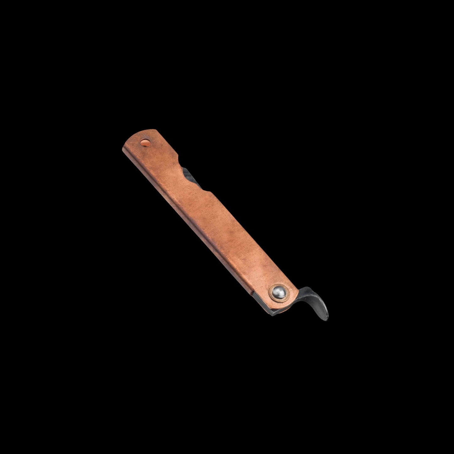 Higo Irogane Damascus pocket knife with Damascus steel blade, copper handle, and traditional friction folder opening
