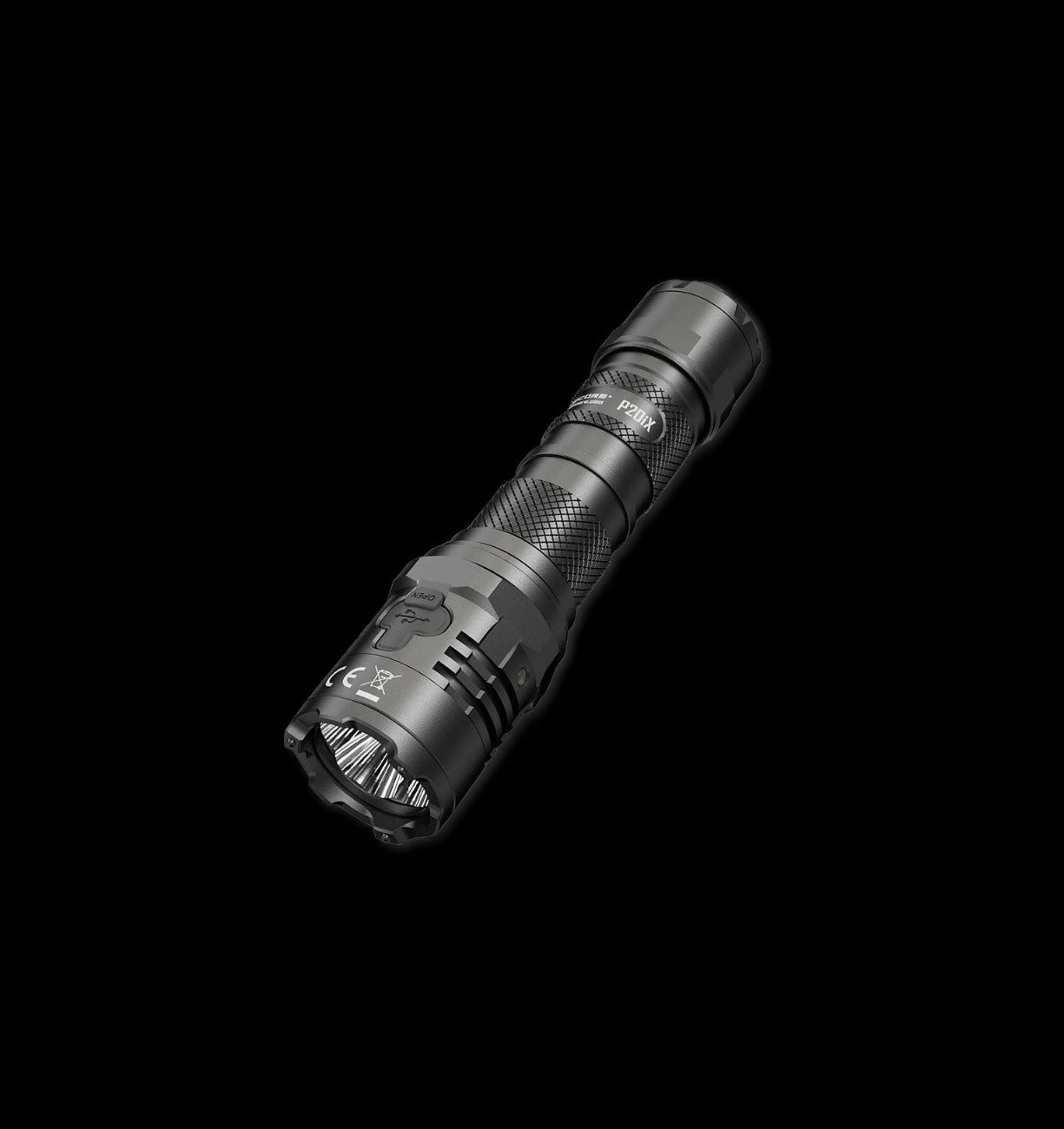 Nitecore P20iX tactical LED flashlight with 4000-lumen output, USB-C rechargeable battery, dual tail switch, aircraft-grade aluminium body, and IP68 waterproof rating