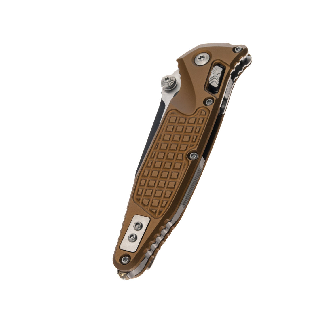Microtech Socom Ram-Lok Tactical w/ Tan Aluminum Frag Handles & S/E Black M390MK 160RL-1FRTA