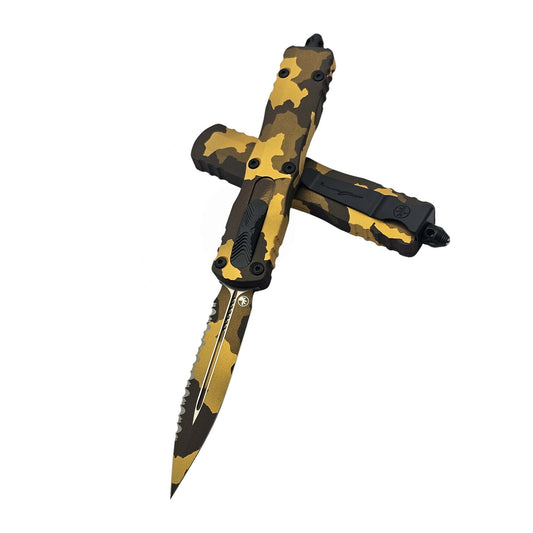Microtech Dirac Delta Gold Camo OTF Knife D/E Full Serrated M390MK (227-3GCS-Z4)