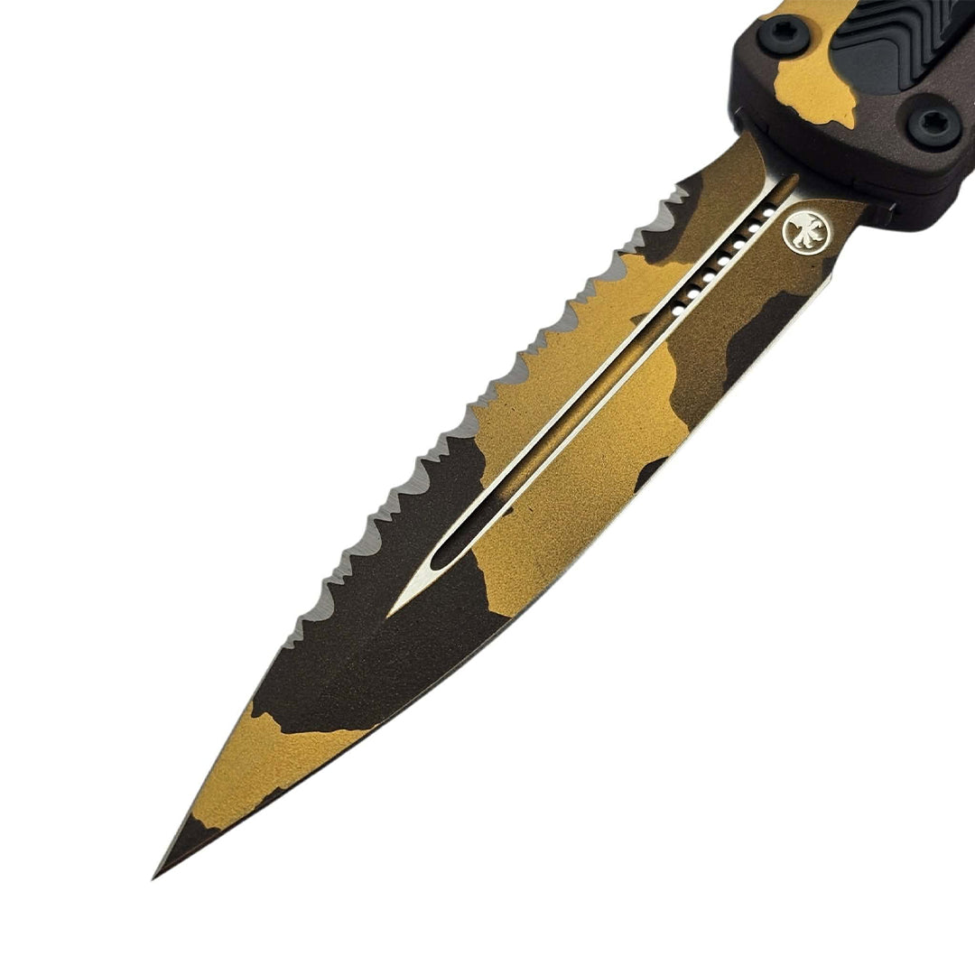 Microtech Dirac Delta Gold Camo OTF Knife D/E Full Serrated M390MK (227-3GCS-Z4)