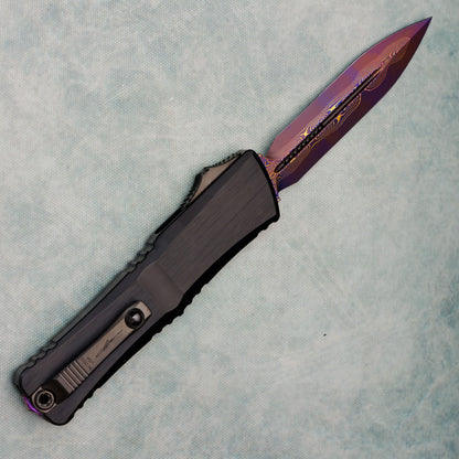 Microtech Marfione Select Combat Troodon LT Gen III D/E Hefted Alloy Blued Baker Forge Coppermai Damascus Purple Haze Accent 1142-16MS3