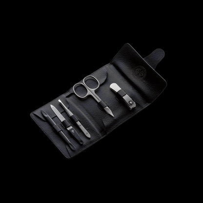 Boker Arbolito Classic manicure set with five stainless steel grooming tools in a premium genuine leather case