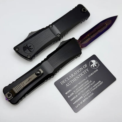 Microtech Marfione Select Combat Troodon LT Gen III D/E Hefted Alloy Blued Baker Forge Coppermai Damascus Purple Haze Accent 1142-16MS3