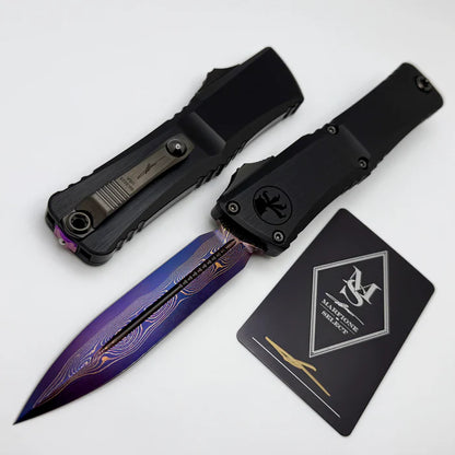 Microtech Marfione Select Combat Troodon LT Gen III D/E Hefted Alloy Blued Baker Forge Coppermai Damascus Purple Haze Accent 1142-16MS3