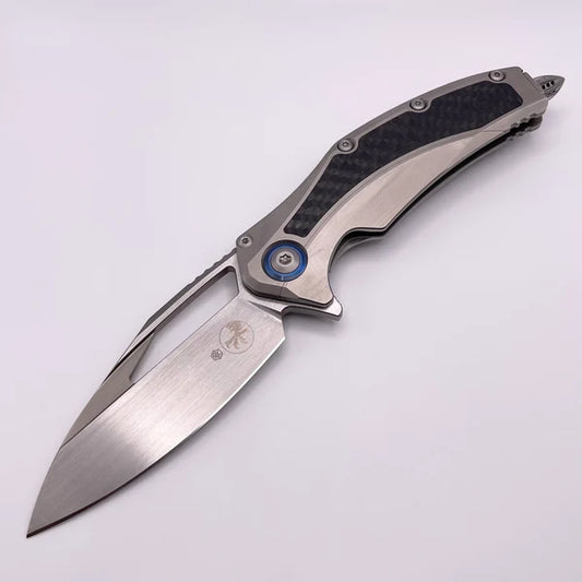 Microtech Matrix Titanium w/ Carbon Fiber Inlays & Blue Ti Pivot Collars w/ Hand Satin M390 165C-4CFITI