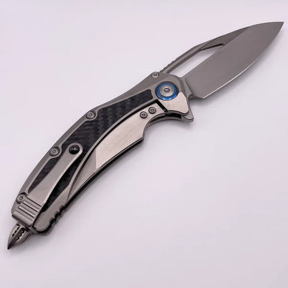 Microtech Matrix Titanium w/ Carbon Fiber Inlays & Blue Ti Pivot Collars w/ Hand Satin M390 165C-4CFITI