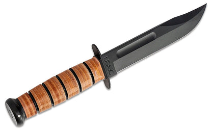 KA-BAR 1217 Full Size USMC Fighting Knife 7" Plain Blade, Leather Handles, Leather Sheath