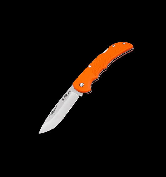 A folding pocket knife with a bright orange handle and a silver stainless steel blade, shown open against a solid black background. The brand name 'Kershaw' is visible on the blade.