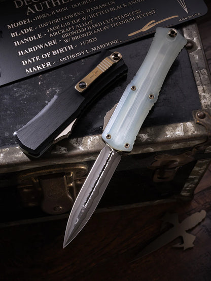 Hera® II Mini – Double Edge Hattori Cowry-Y Damascus Jade G10 Top w/ Hefted Black Anodized Alloy Bronzed Hard Cut Stainless w/ Bronze Titanium Accent