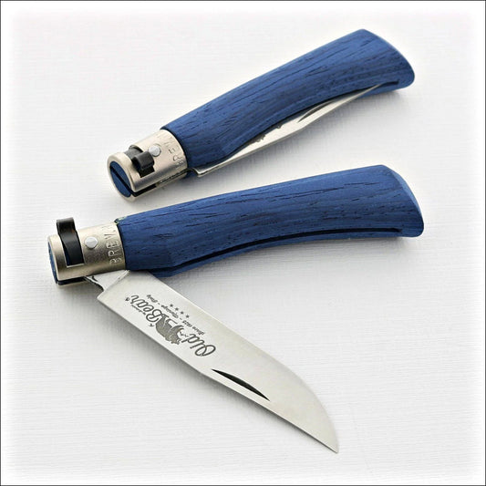 Old Bear Classical Full Color Medium 9307/19_MBK Folding Knife 3.5" Stainless Steel Satin Blade, Blue Laminated Wood Handle, Ring Lock