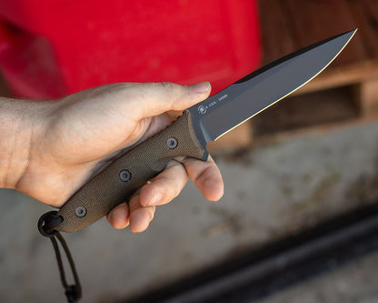 Spartan Blades Moros Fixed Blade Knife 5.25" S45VN Black Spear Point, Green Canvas Micarta Handles, Black Kydex Sheath - SB53BKGRKYBK