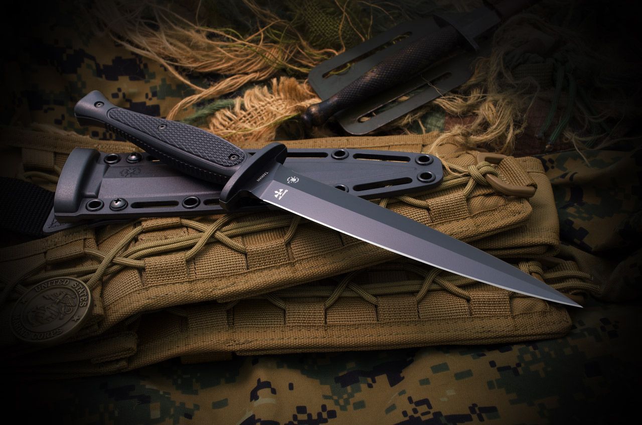 Spartan Blades Field Grade Spartan-George Raider Dagger 7" SK5 Black Double Edge Dagger Blade, Injection Molded Handles, Black Molded Plastic Sheath - SBBL3BK