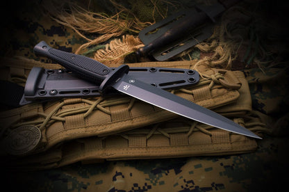Spartan Blades Field Grade Spartan-George Raider Dagger 7" SK5 Black Double Edge Dagger Blade, Injection Molded Handles, Black Molded Plastic Sheath - SBBL3BK