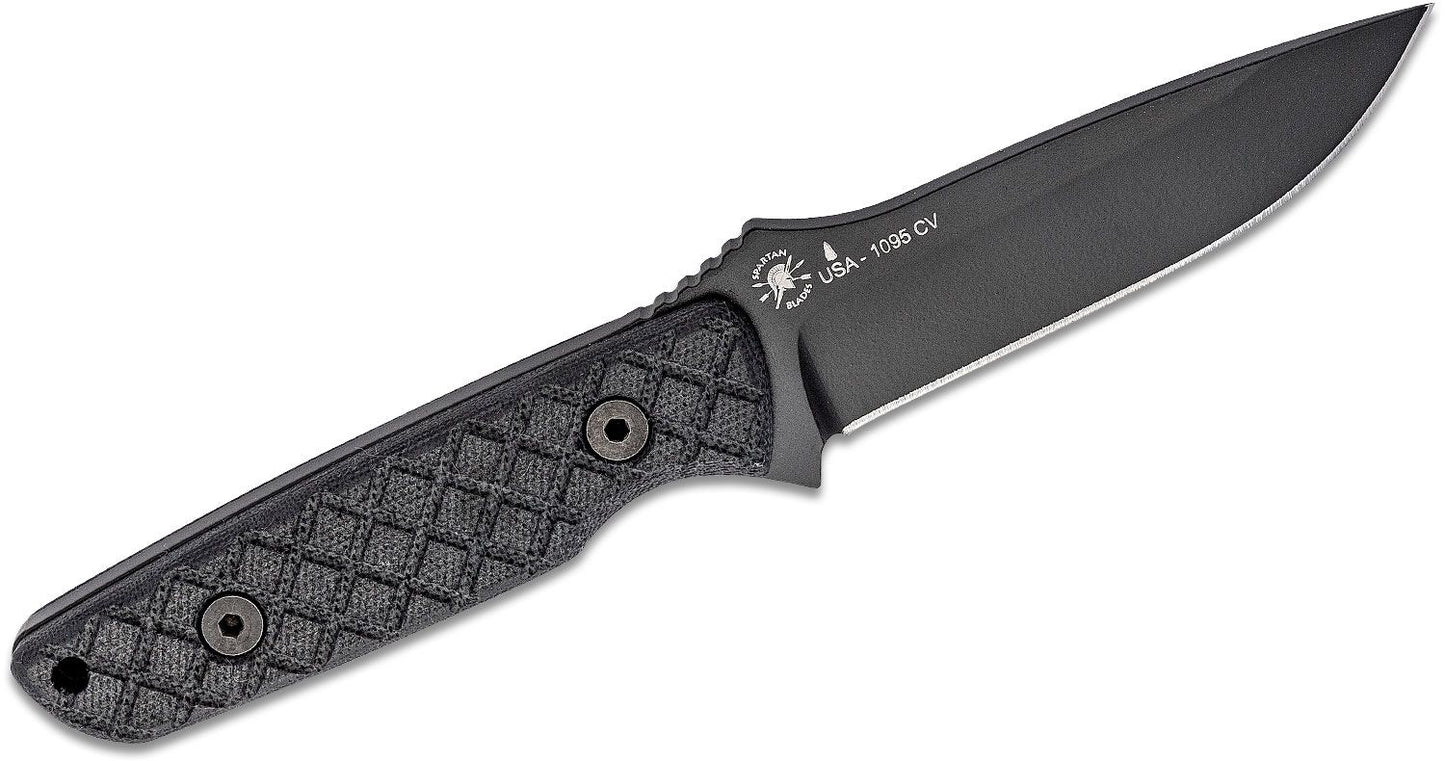 Spartan Blades Professional Grade Alala Fixed Blade Knife 3.75" 1095 Black Powder Coated Blade, Black Micarta Handles, Black Injection Molded Sheath - SBSL004BKBK