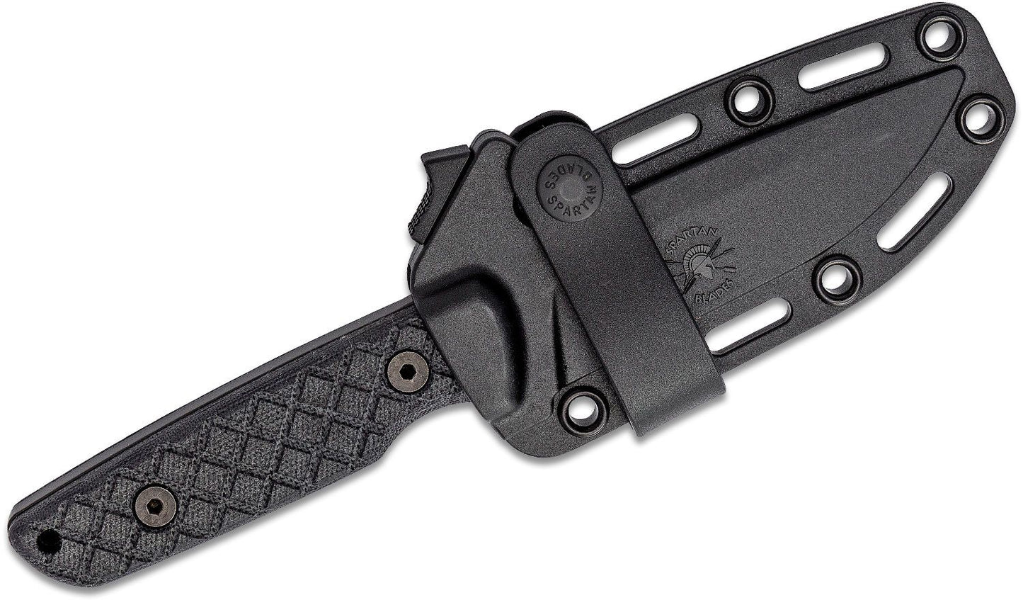 Spartan Blades Professional Grade Alala Fixed Blade Knife 3.75" 1095 Black Powder Coated Blade, Black Micarta Handles, Black Injection Molded Sheath - SBSL004BKBK