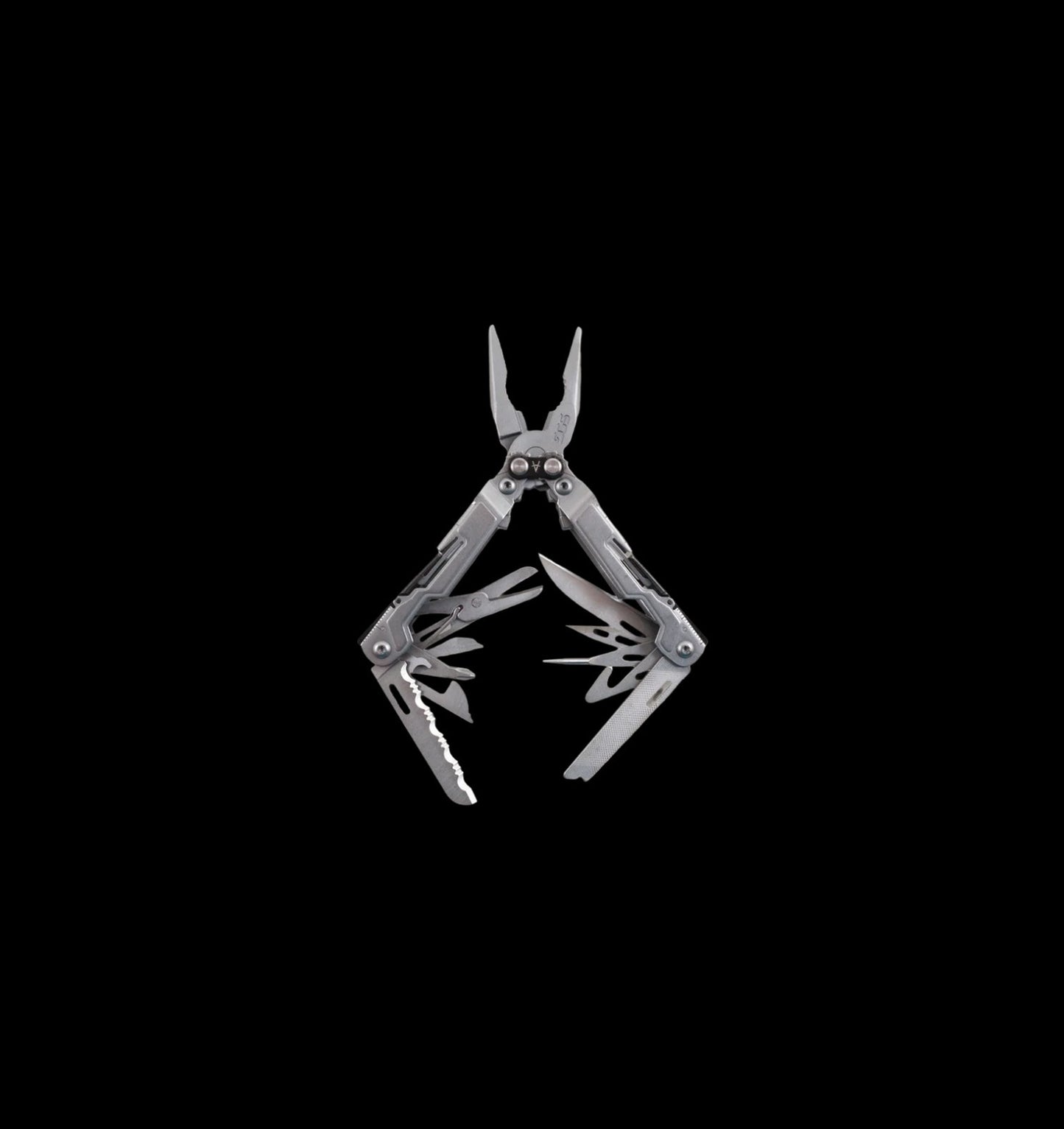 A silver multi-tool pliers with several tools extended, centered on a solid black background.