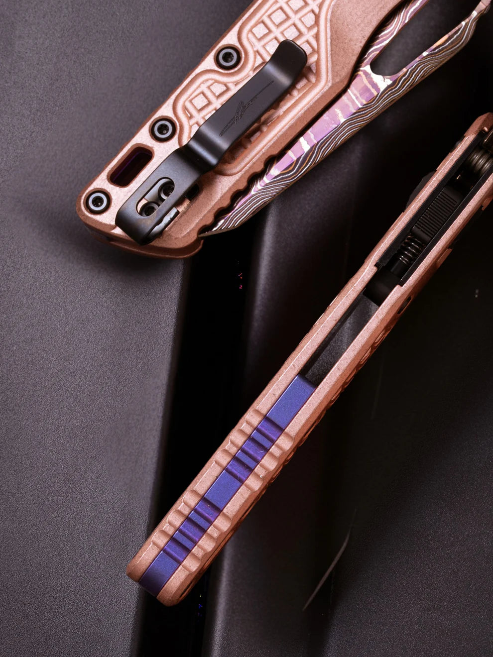 MSI® RAM LOK Marfione select Blued Backer Forge Coppermai Damascus Stonewash Frag Pattern Copper w/ Purple Titanium Accent DLC Double Vapor Blast Stainless