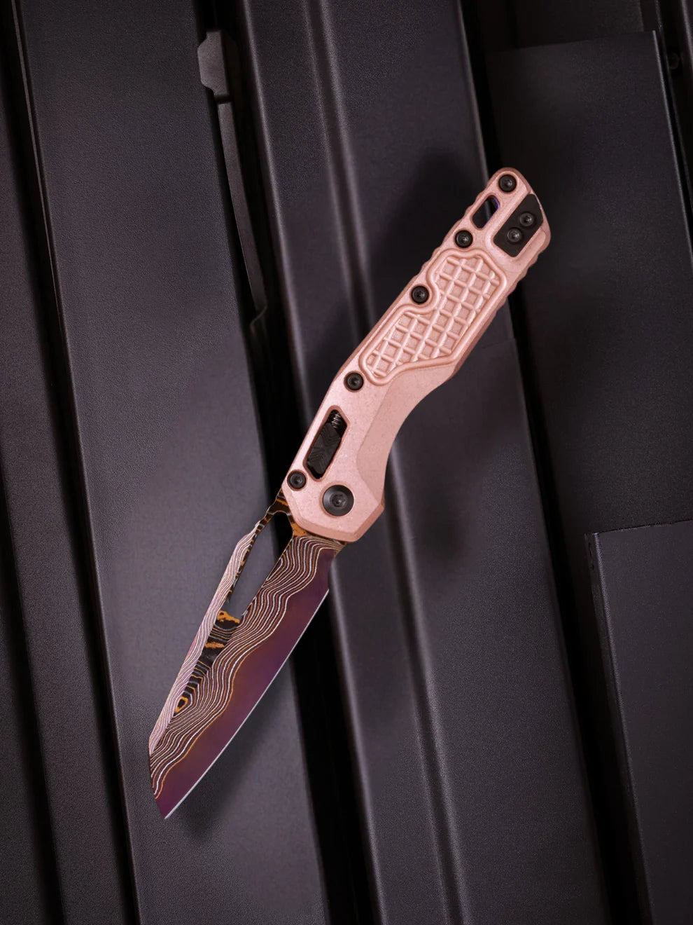 MSI® RAM LOK Marfione select Blued Backer Forge Coppermai Damascus Stonewash Frag Pattern Copper w/ Purple Titanium Accent DLC Double Vapor Blast Stainless