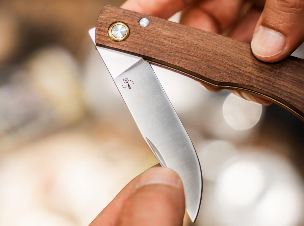 Hand holding a wooden-handled pocket knife with a blurred background