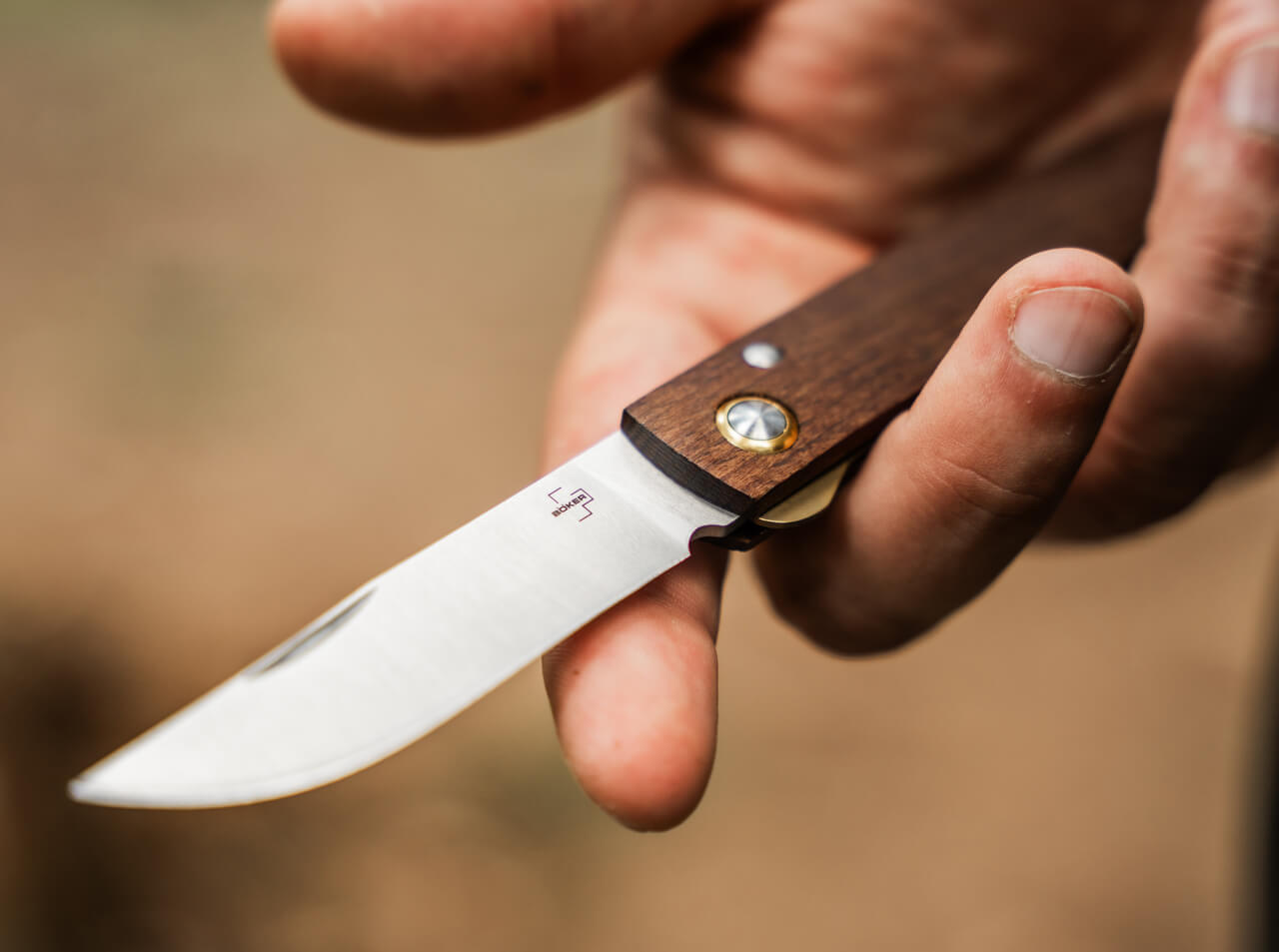 Hand holding a knife with a wooden handle against a blurred background