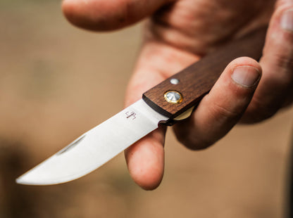 Hand holding a knife with a wooden handle against a blurred background