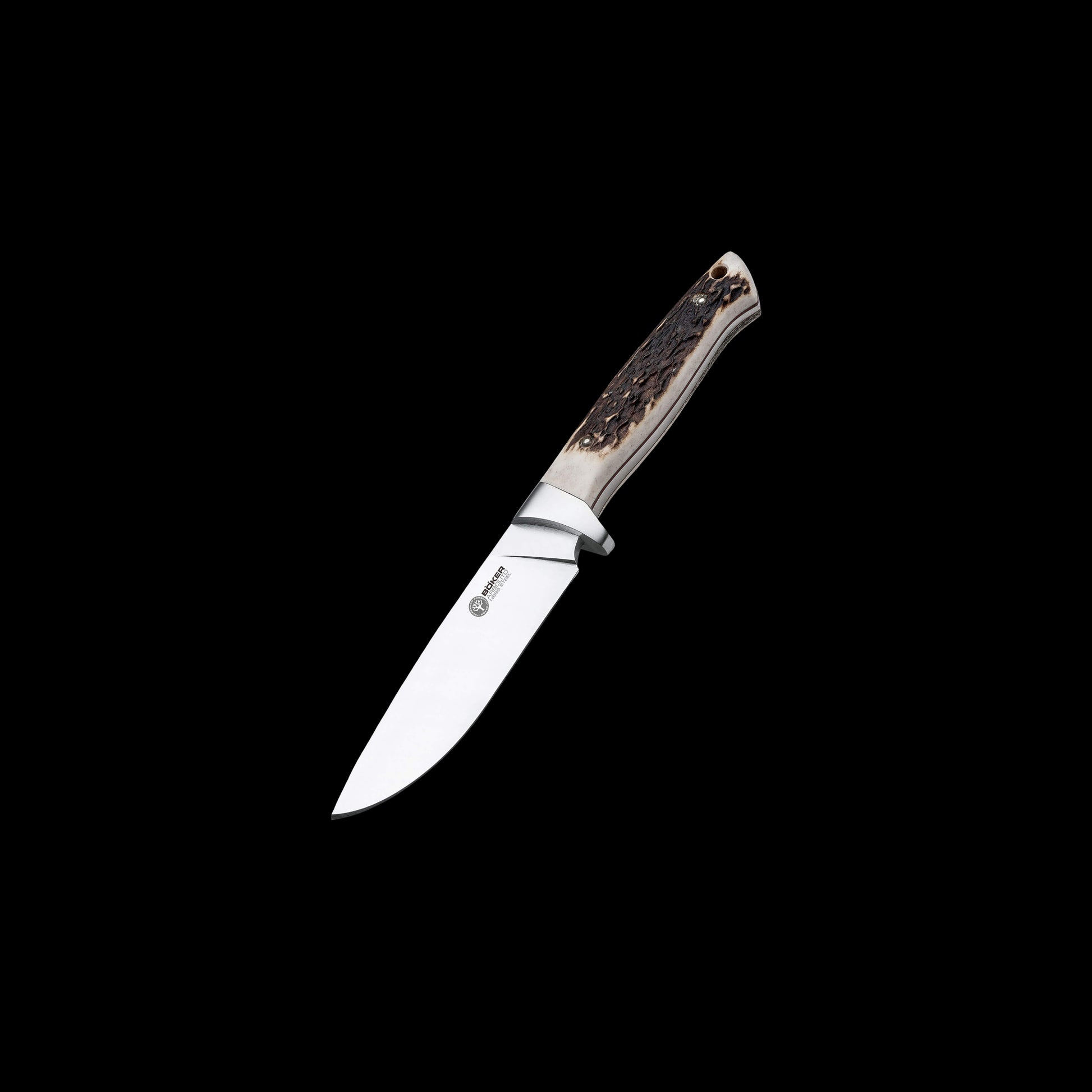 Boker Arbolito Hunter Stag fixed blade knife with Böhler N695 stainless steel blade, genuine stag handle, and leather sheath