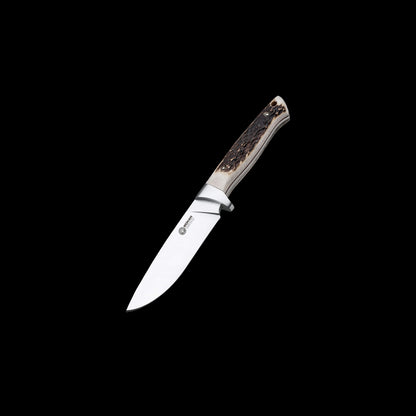 Boker Arbolito Hunter Stag fixed blade knife with Böhler N695 stainless steel blade, genuine stag handle, and leather sheath