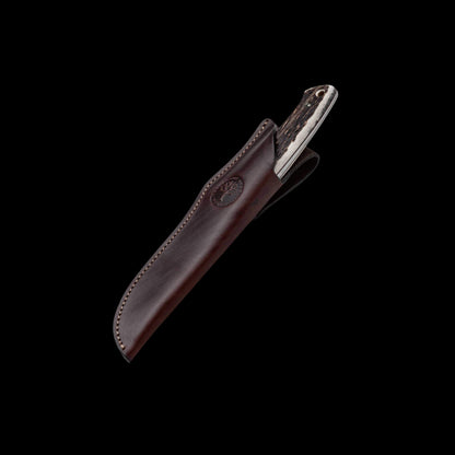 Boker Arbolito Hunter Stag fixed blade knife with Böhler N695 stainless steel blade, genuine stag handle, and leather sheath
