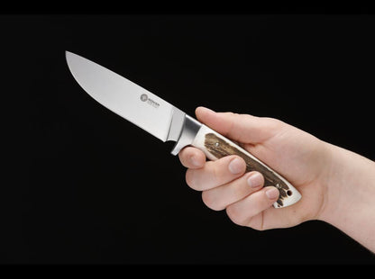 Boker Arbolito Hunter Stag fixed blade knife with Böhler N695 stainless steel blade, genuine stag handle, and leather sheath