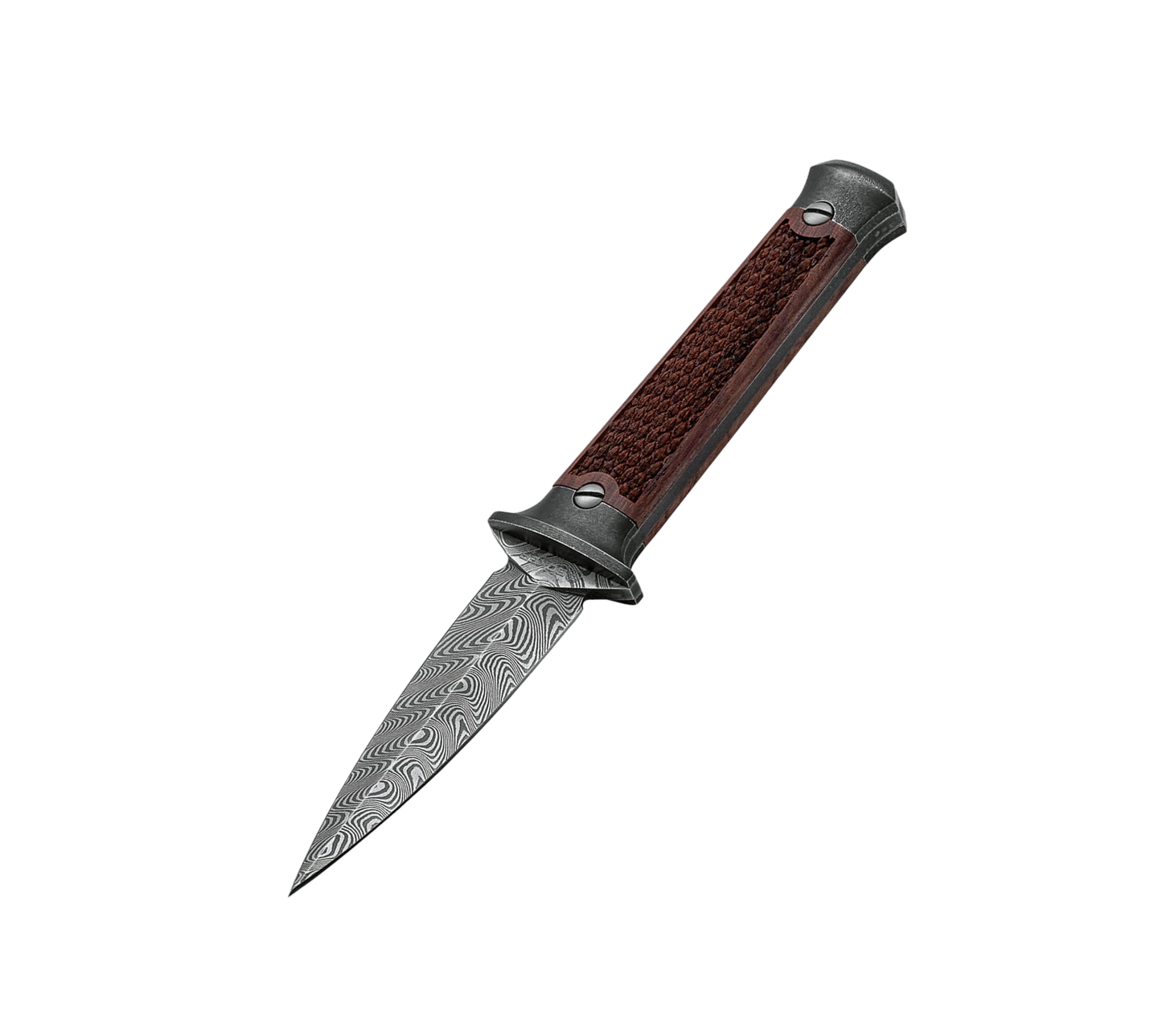 Boker P08 Damast fixed blade knife with Damascus steel blade, rosewood handle, and genuine leather sheath handcrafted in Germany