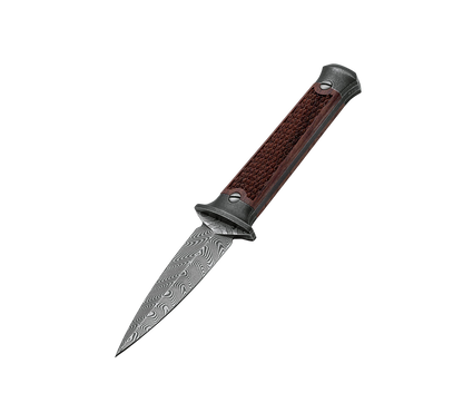 Boker P08 Damast fixed blade knife with Damascus steel blade, rosewood handle, and genuine leather sheath handcrafted in Germany