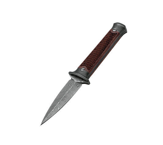 Boker P08 Damast fixed blade knife with Damascus steel blade, rosewood handle, and genuine leather sheath handcrafted in Germany