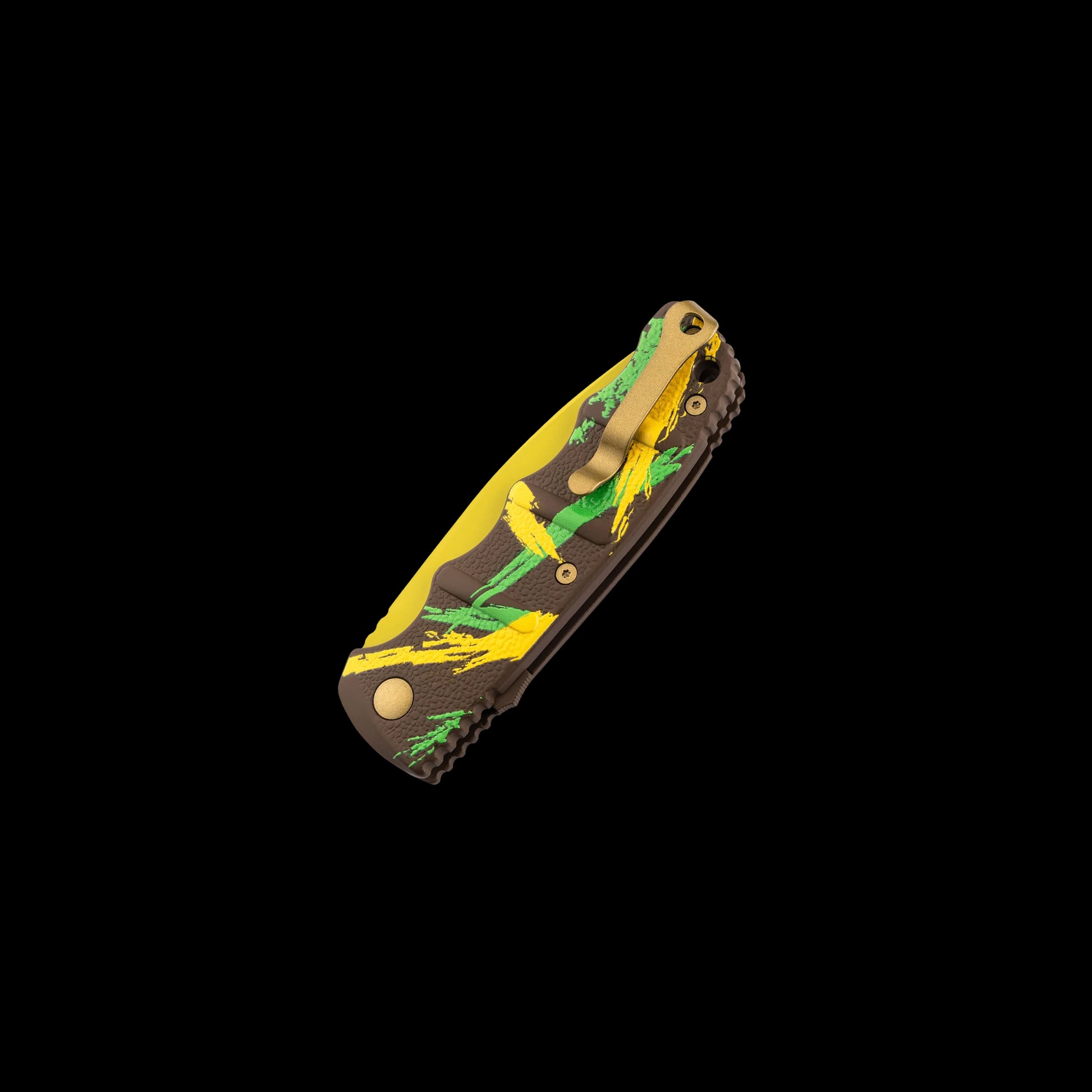 A folding pocket knife with a dark brown handle featuring a yellow and green abstract camouflage pattern, shown against a solid black background.