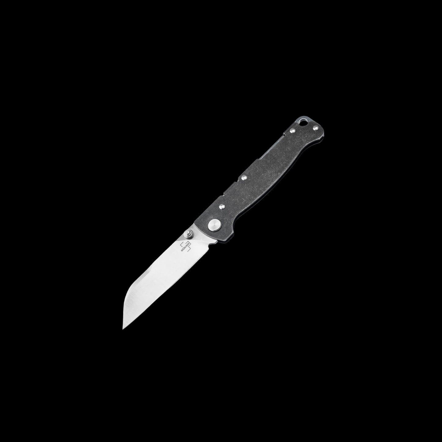 A folding pocket knife with a silver stainless steel blade and a textured black handle, shown diagonally against a solid black background.