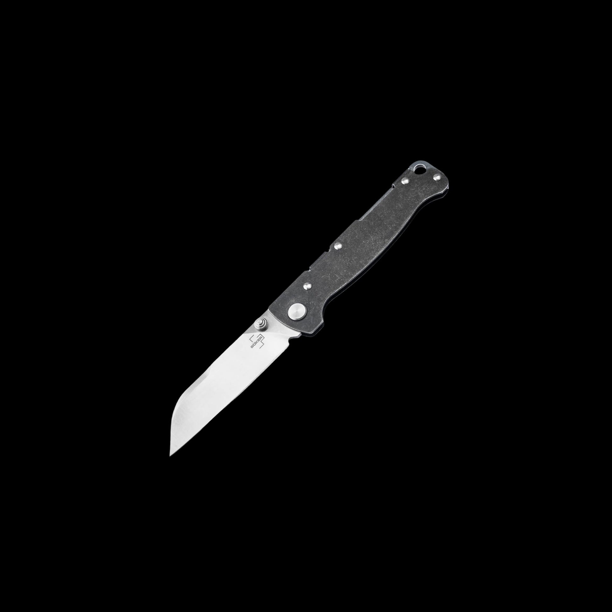 A folding pocket knife with a silver stainless steel blade and a textured black handle, shown diagonally against a solid black background.