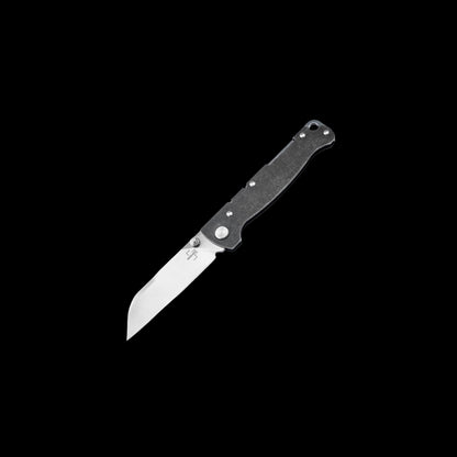 A folding pocket knife with a silver stainless steel blade and a textured black handle, shown diagonally against a solid black background.