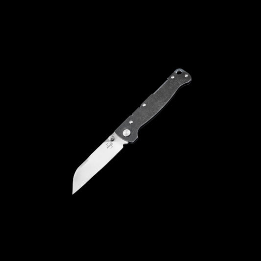 A folding pocket knife with a silver stainless steel blade and a textured black handle, shown diagonally against a solid black background.