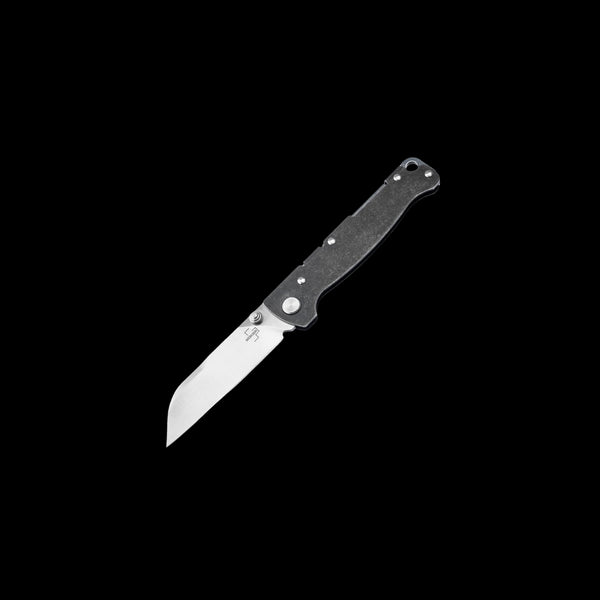 A folding pocket knife with a silver stainless steel blade and a textured black handle, shown diagonally against a solid black background.