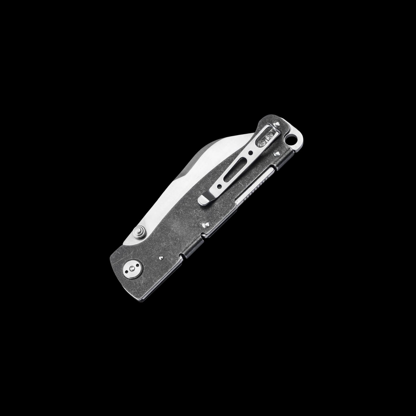 A folding pocket knife with a textured dark gray handle and a silver clip-point blade, shown open against a solid black background.