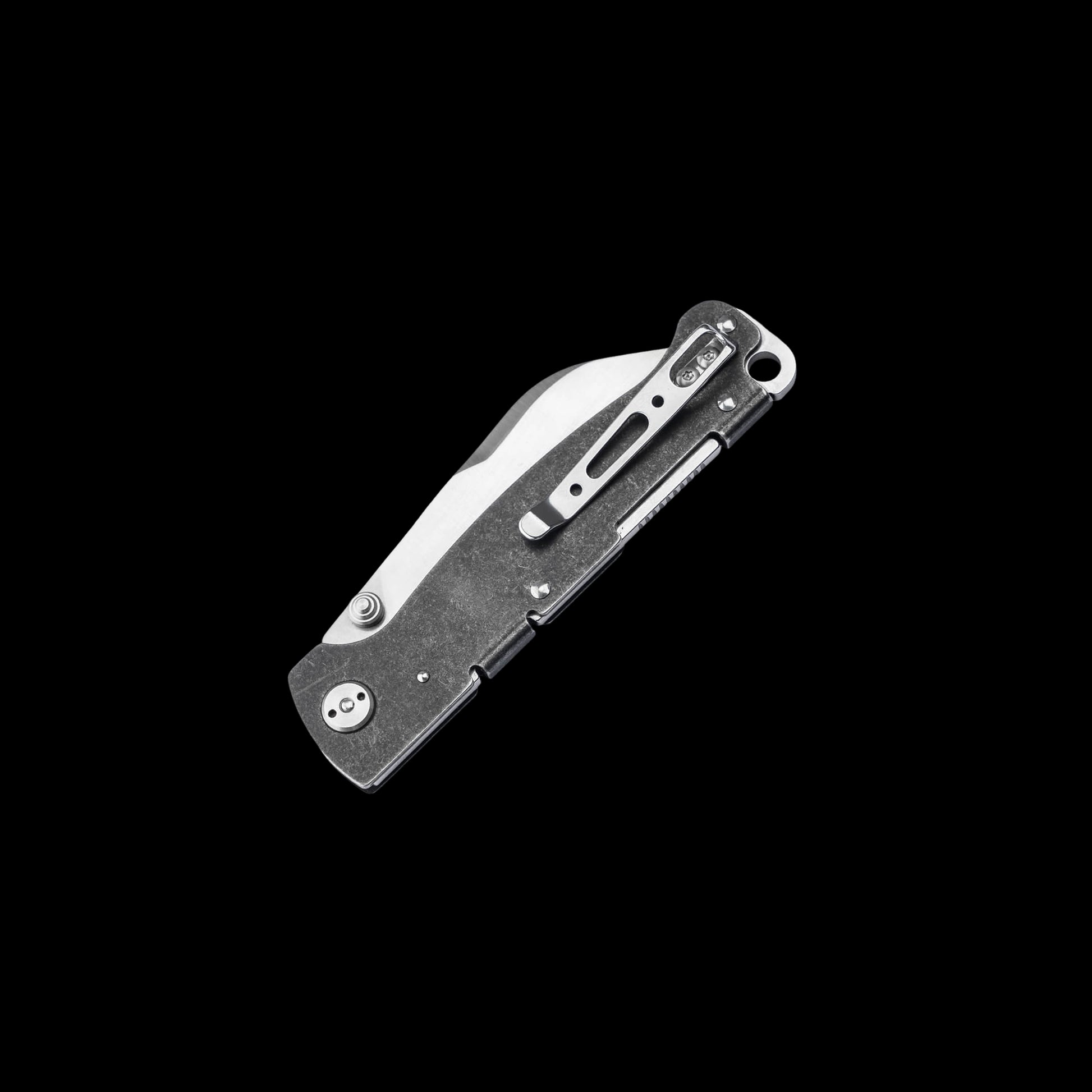 A folding pocket knife with a textured dark gray handle and a silver clip-point blade, shown open against a solid black background.